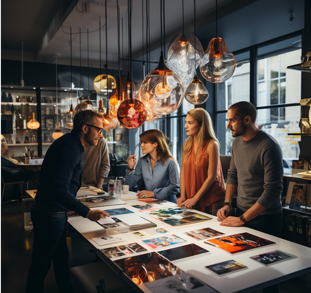 Team meeting with creative lighting